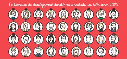 Voeux de la direction du développement durable avec le visage des agents dans des boules de Noël