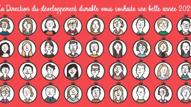 Voeux de la direction du développement durable avec le visage des agents dans des boules de Noël